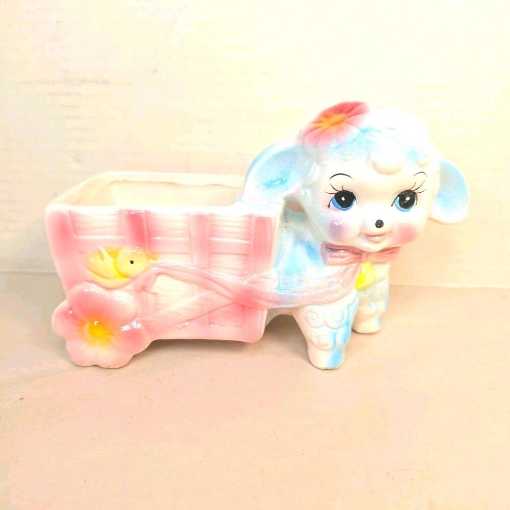 Vintage Lamb Sheep Pulling Cart Planter Cute Baby Shower Gift Anthropomorphic